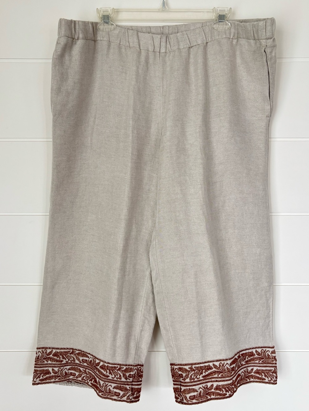 J. Jill Cream Linen-Blend Pull-on Crop Pants Embroidered Hem Women's Size XL